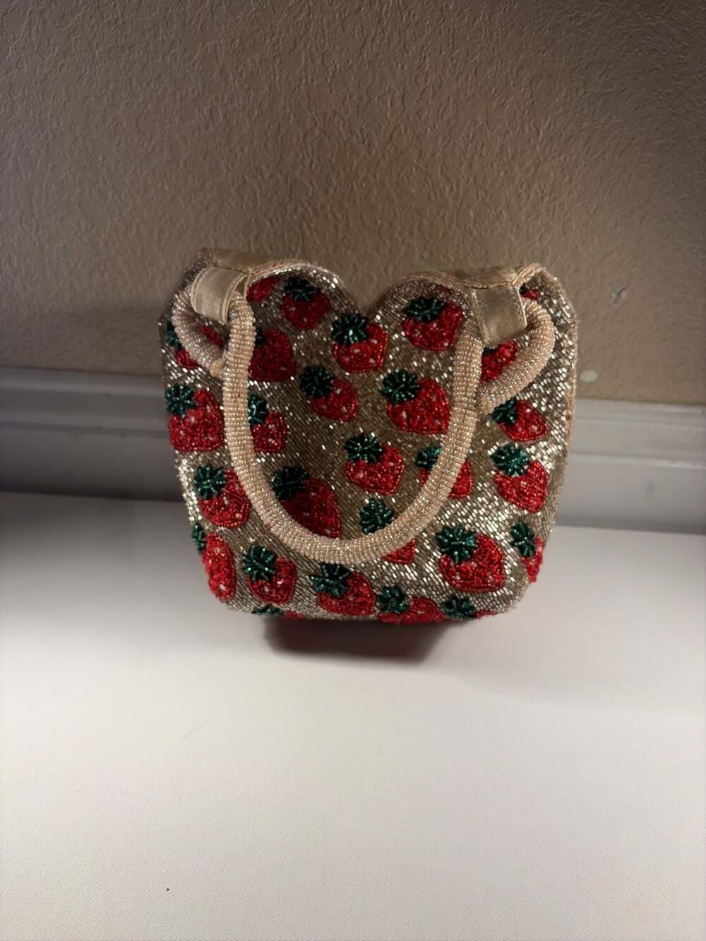 Beaded Strawberry Handbag Gold Glass Beads Strawberry Pattern